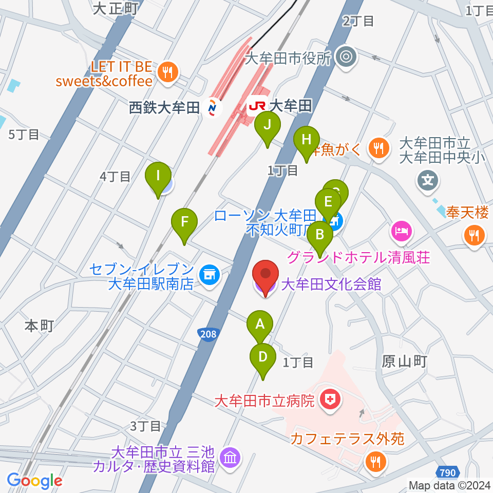 大牟田文化会館周辺のファミレス・ファーストフード一覧地図