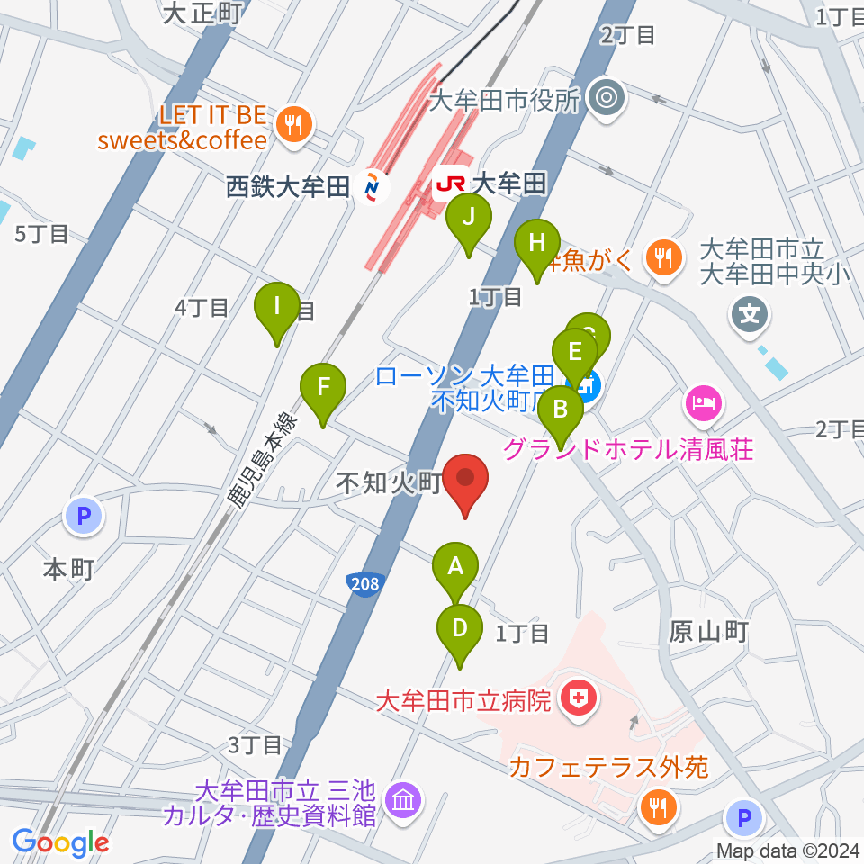 大牟田文化会館周辺のファミレス・ファーストフード一覧地図