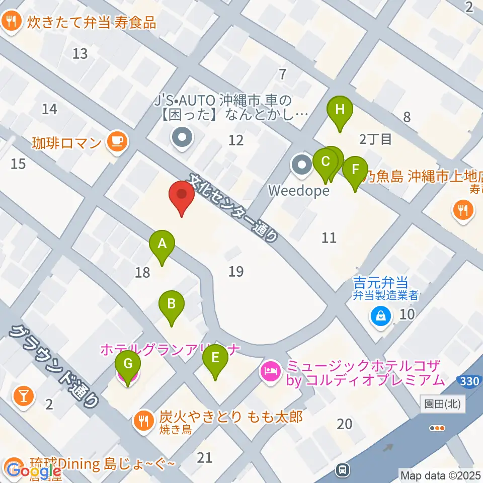 沖縄市立芸能館周辺のファミレス・ファーストフード一覧地図
