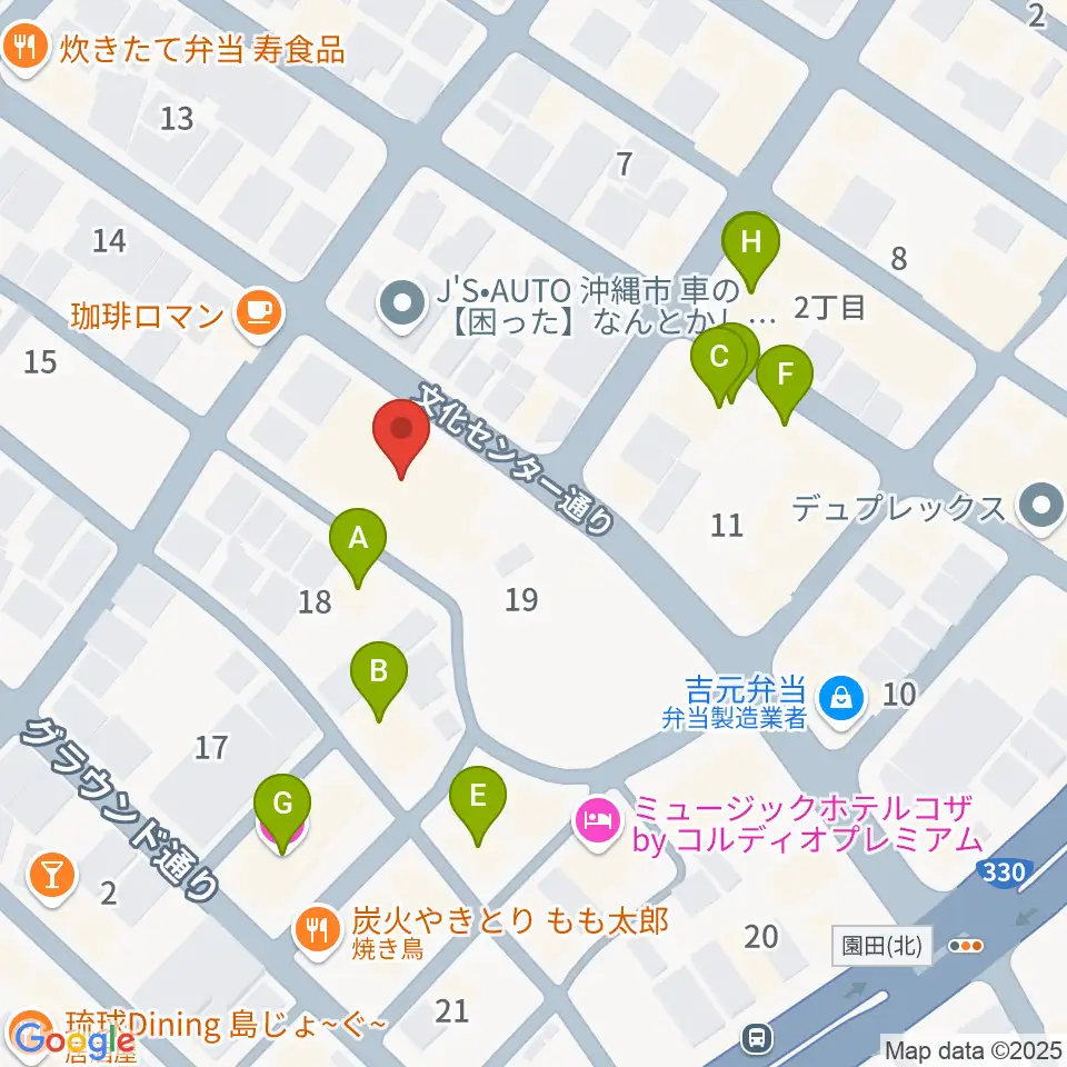 沖縄市立芸能館周辺のファミレス・ファーストフード一覧地図