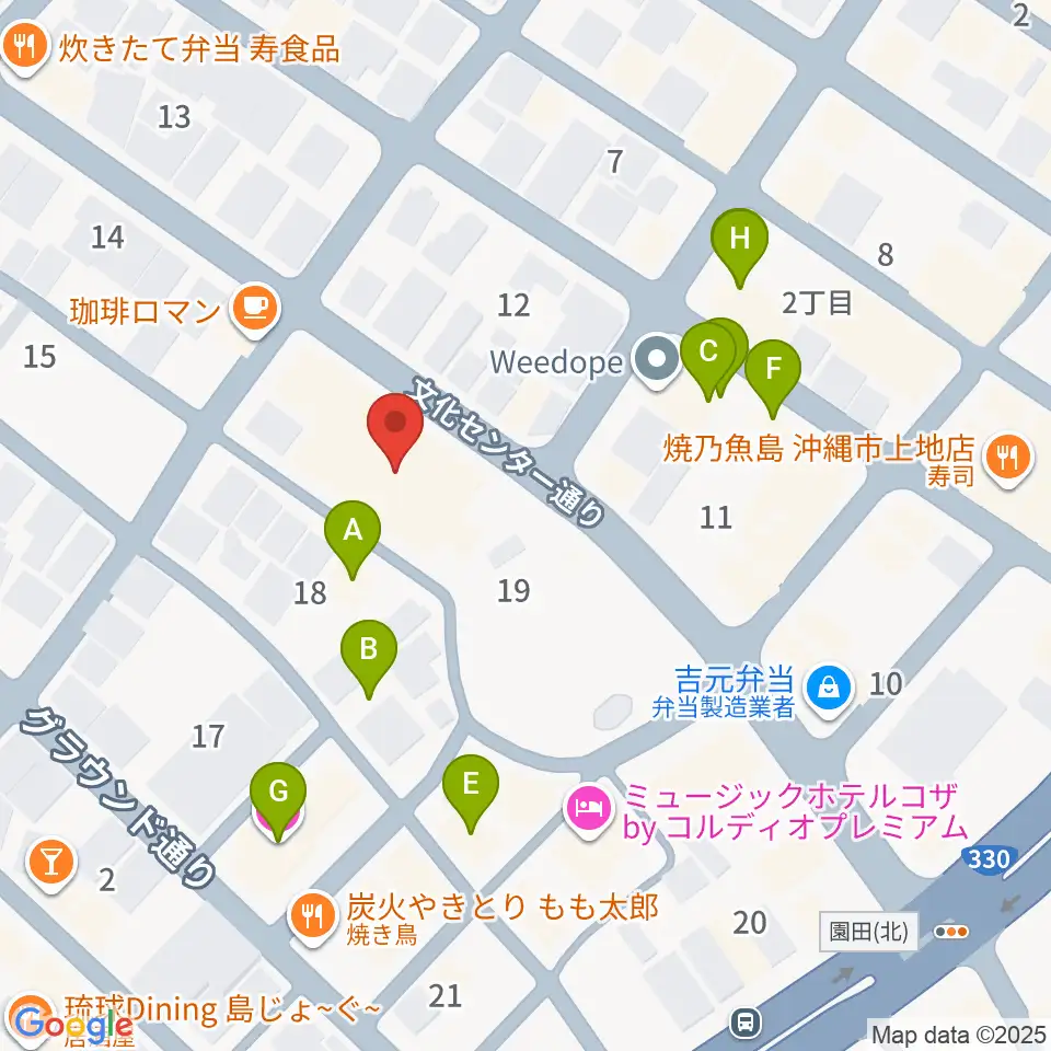 沖縄市立芸能館周辺のファミレス・ファーストフード一覧地図