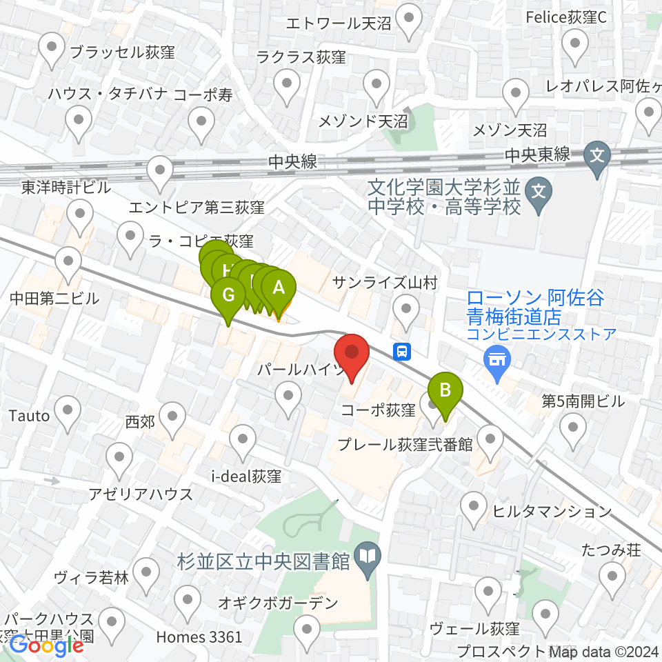 荻窪小劇場周辺のファミレス・ファーストフード一覧地図