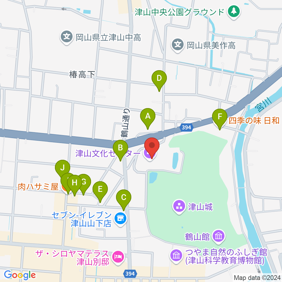 津山文化センター周辺のファミレス・ファーストフード一覧地図