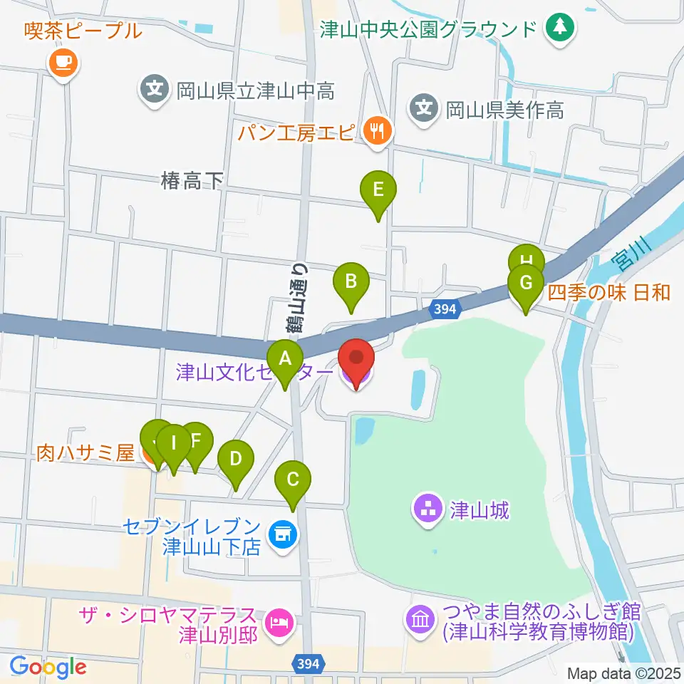 津山文化センター周辺のファミレス・ファーストフード一覧地図