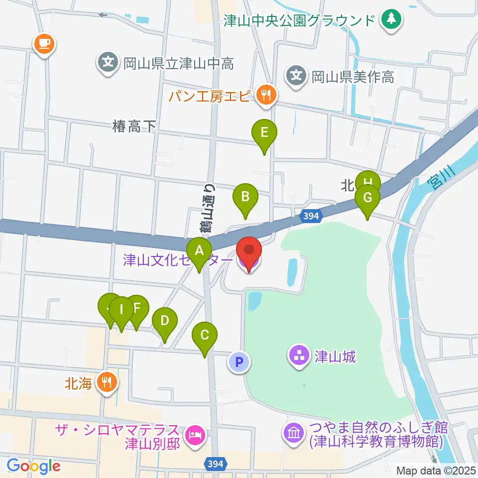 津山文化センター周辺のファミレス・ファーストフード一覧地図