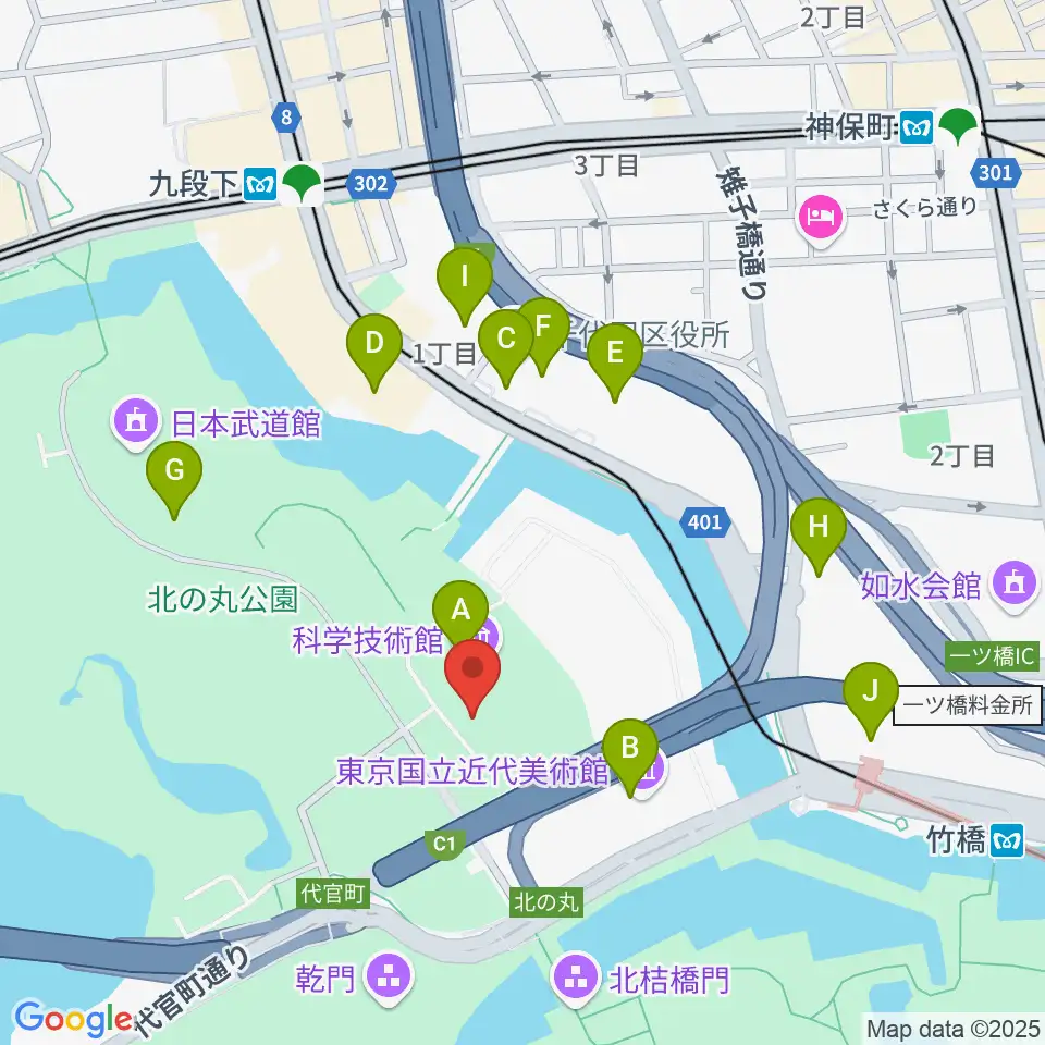 科学技術館周辺のファミレス・ファーストフード一覧地図