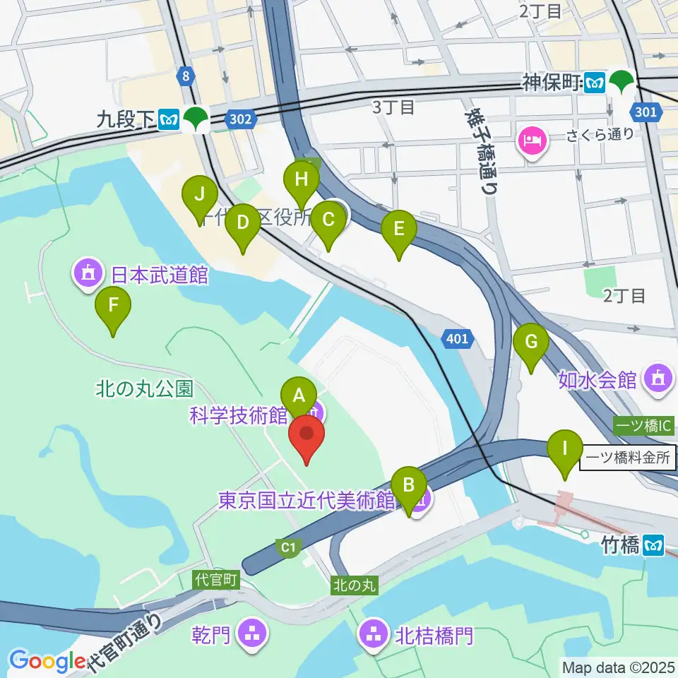 科学技術館周辺のファミレス・ファーストフード一覧地図