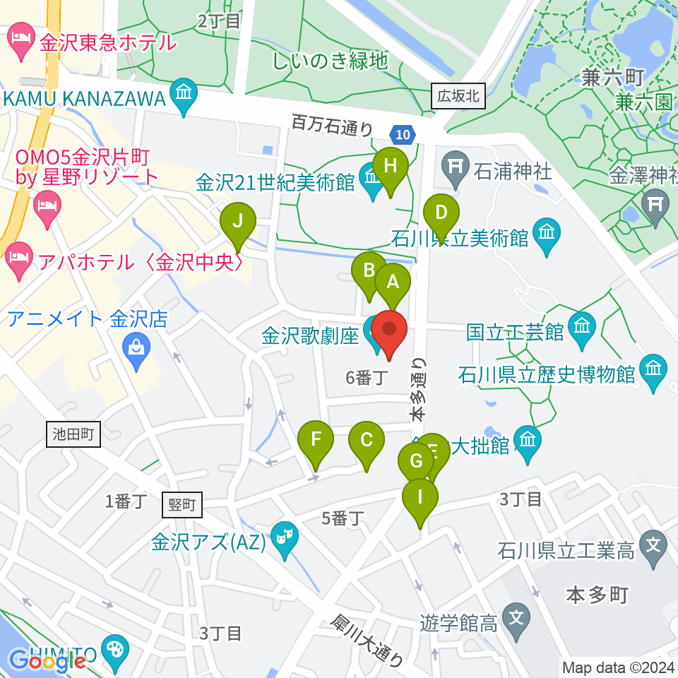 金沢歌劇座周辺のファミレス・ファーストフード一覧地図