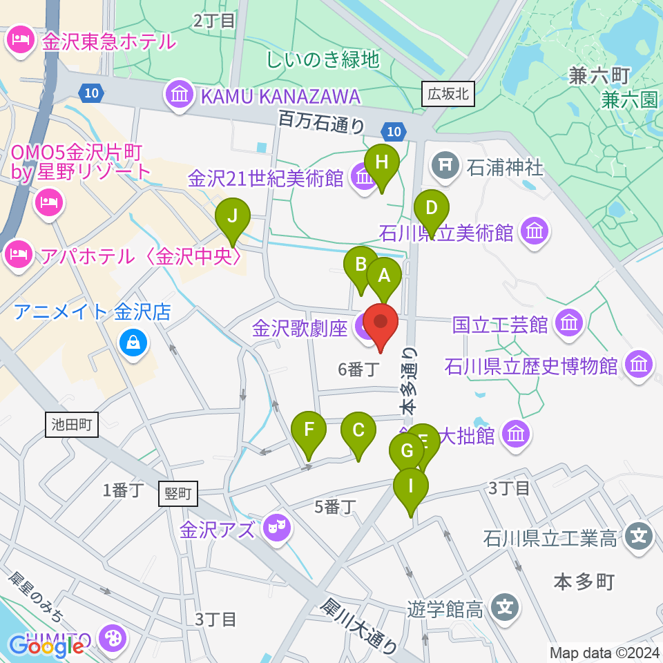 金沢歌劇座周辺のファミレス・ファーストフード一覧地図