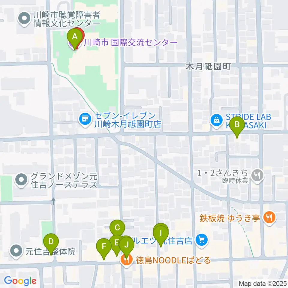川崎市国際交流センター周辺のファミレス・ファーストフード一覧地図