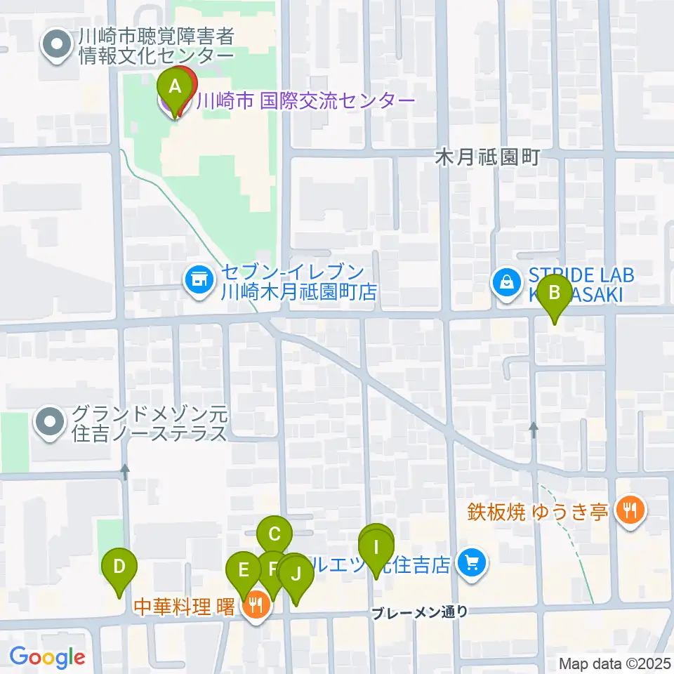 川崎市国際交流センター周辺のファミレス・ファーストフード一覧地図