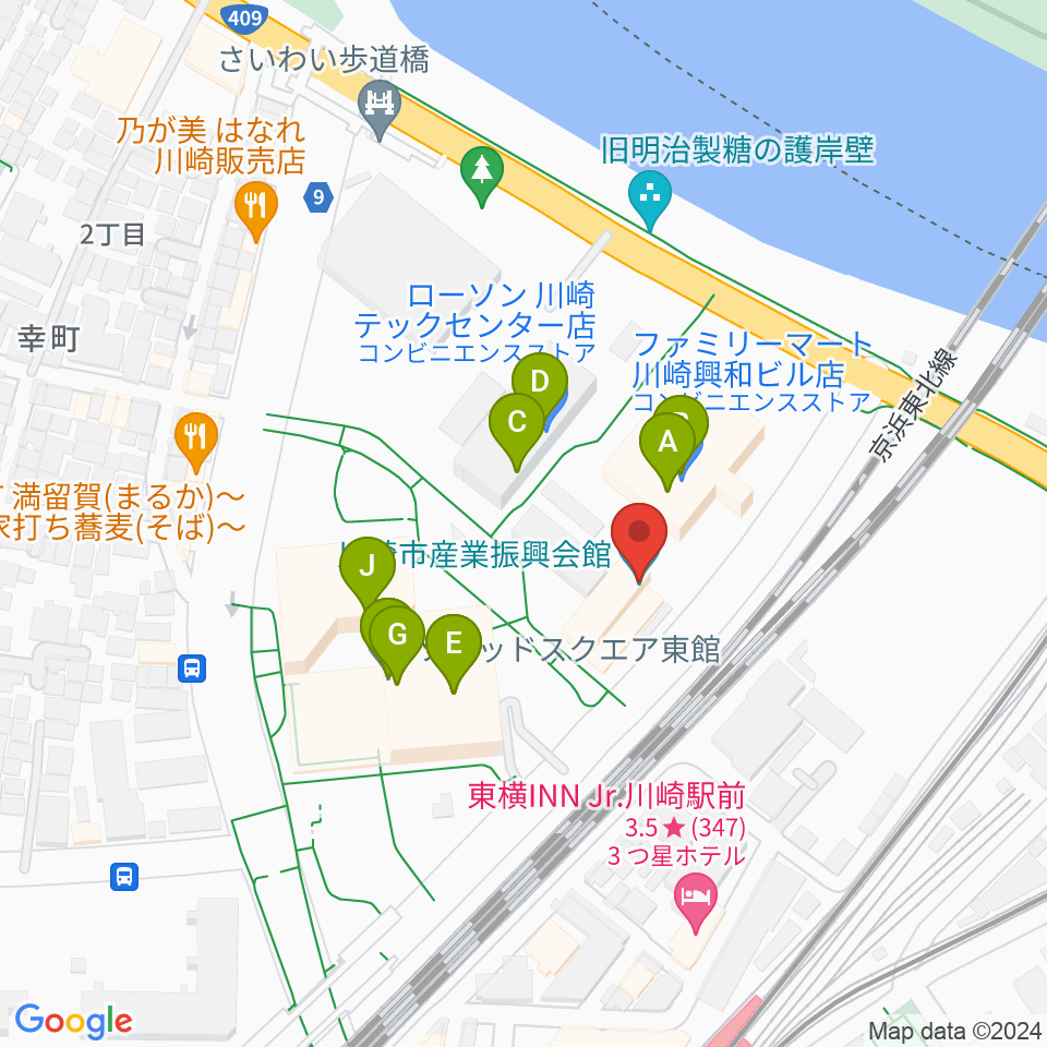 川崎市産業振興会館周辺のファミレス・ファーストフード一覧地図