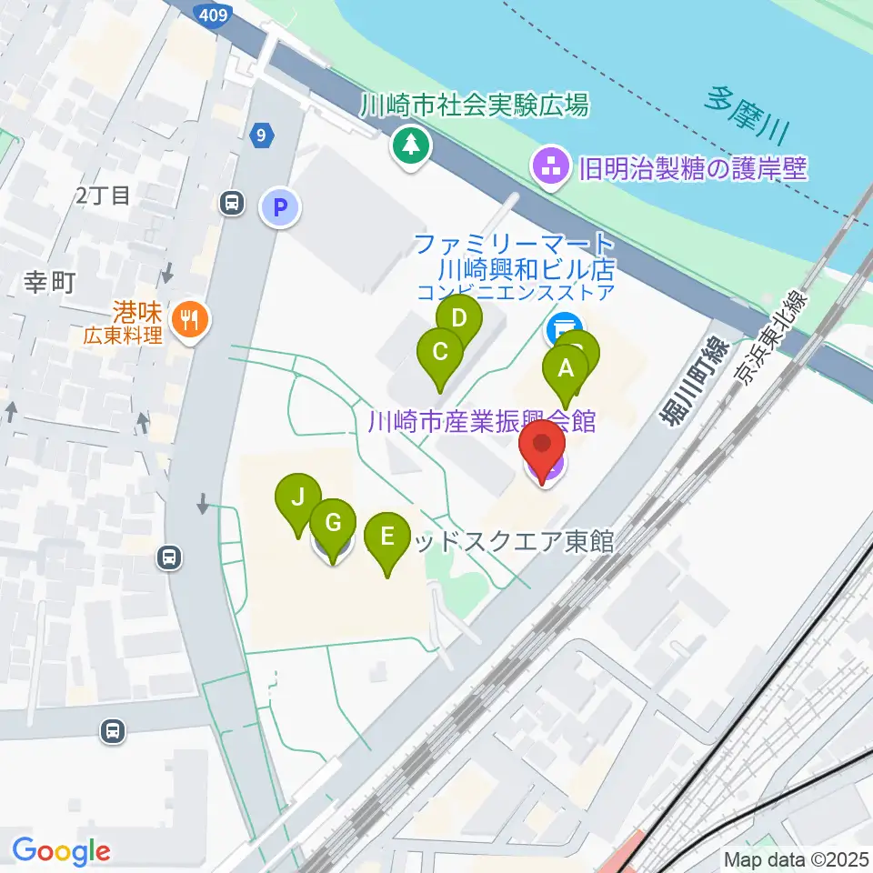 川崎市産業振興会館周辺のファミレス・ファーストフード一覧地図
