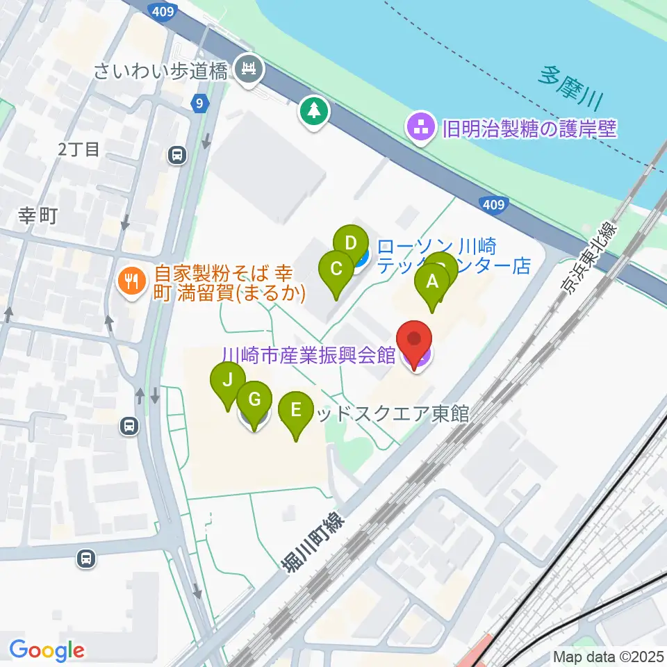 川崎市産業振興会館周辺のファミレス・ファーストフード一覧地図