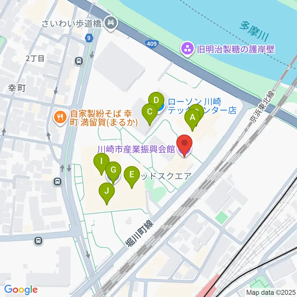 川崎市産業振興会館周辺のファミレス・ファーストフード一覧地図