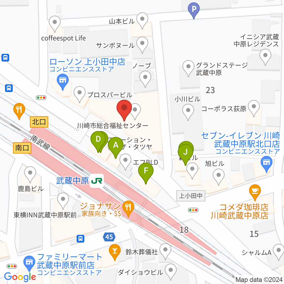 川崎市総合福祉センター エポックなかはら周辺のファミレス・ファーストフード一覧地図