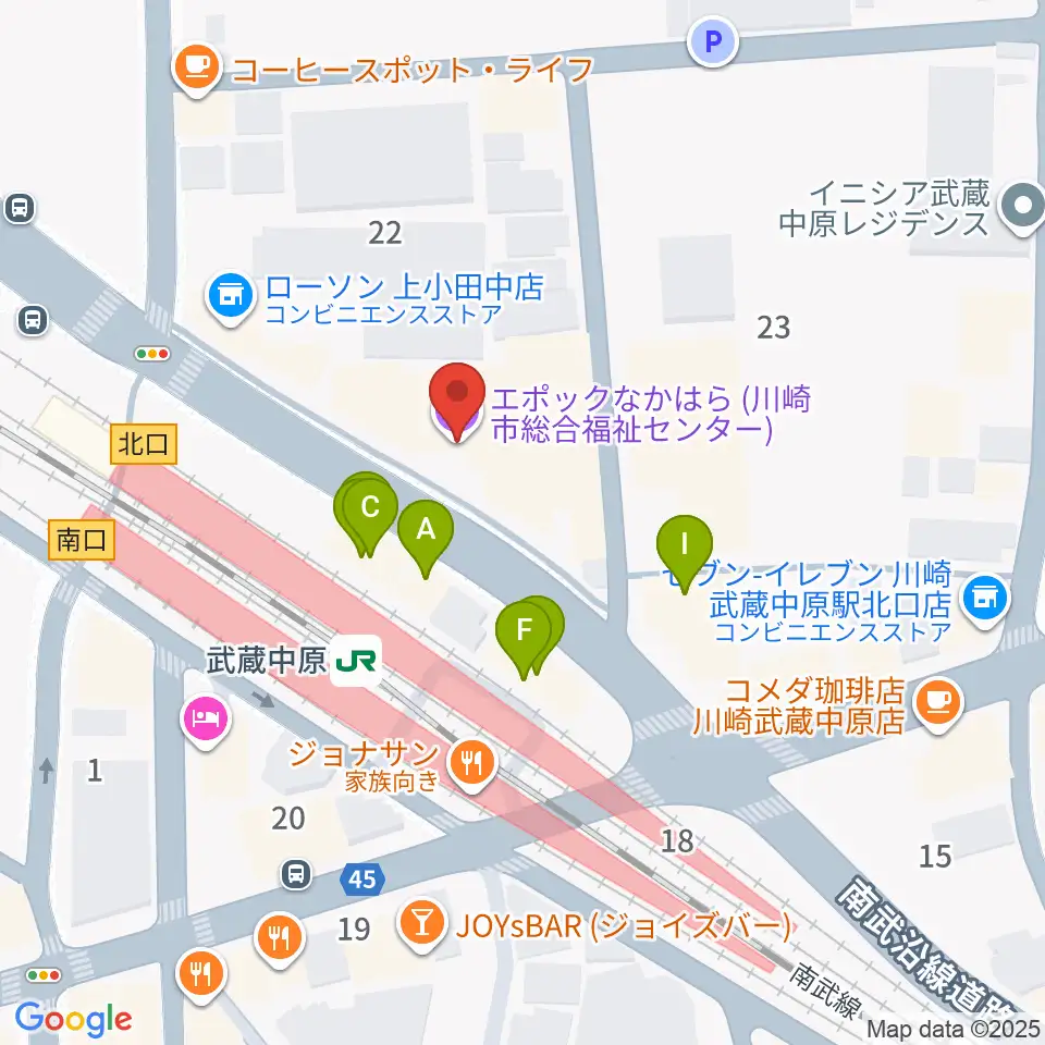 川崎市総合福祉センター エポックなかはら周辺のファミレス・ファーストフード一覧地図