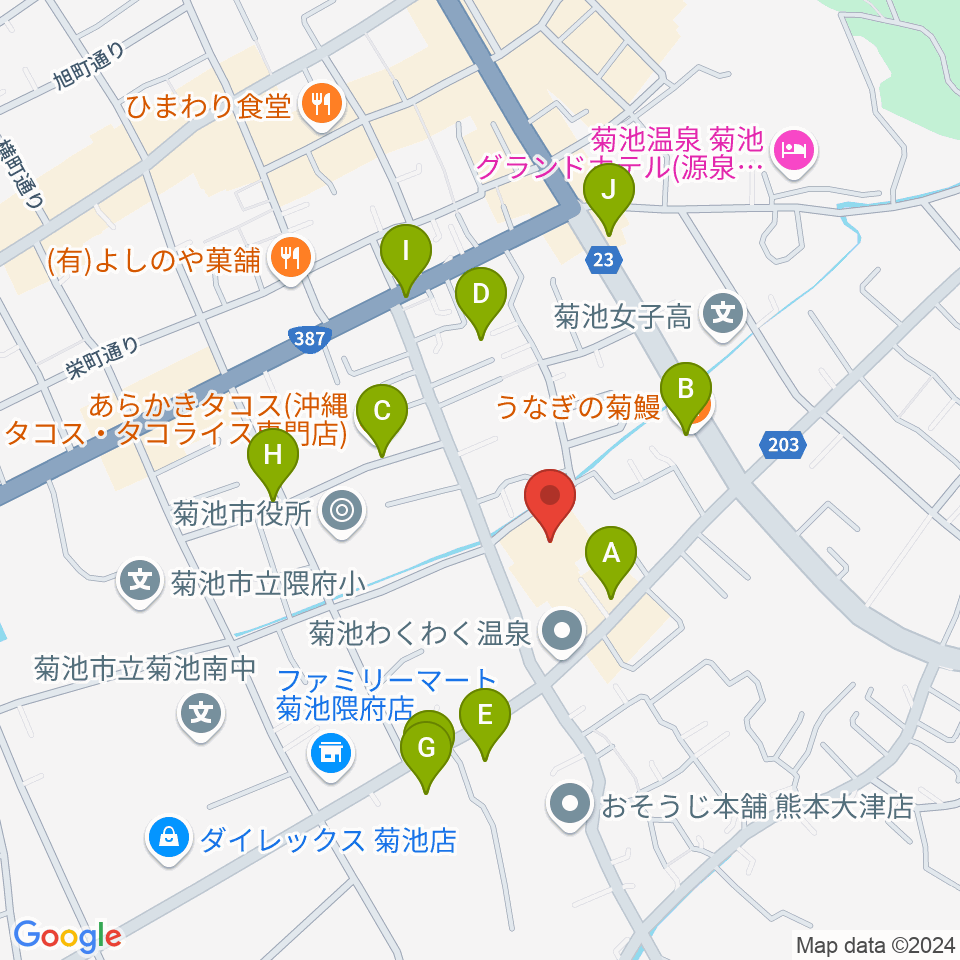 菊池市文化会館周辺のファミレス・ファーストフード一覧地図