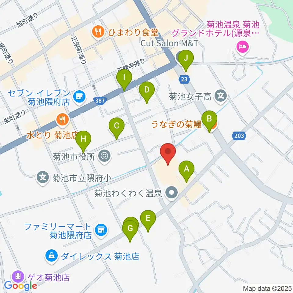 菊池市文化会館周辺のファミレス・ファーストフード一覧地図