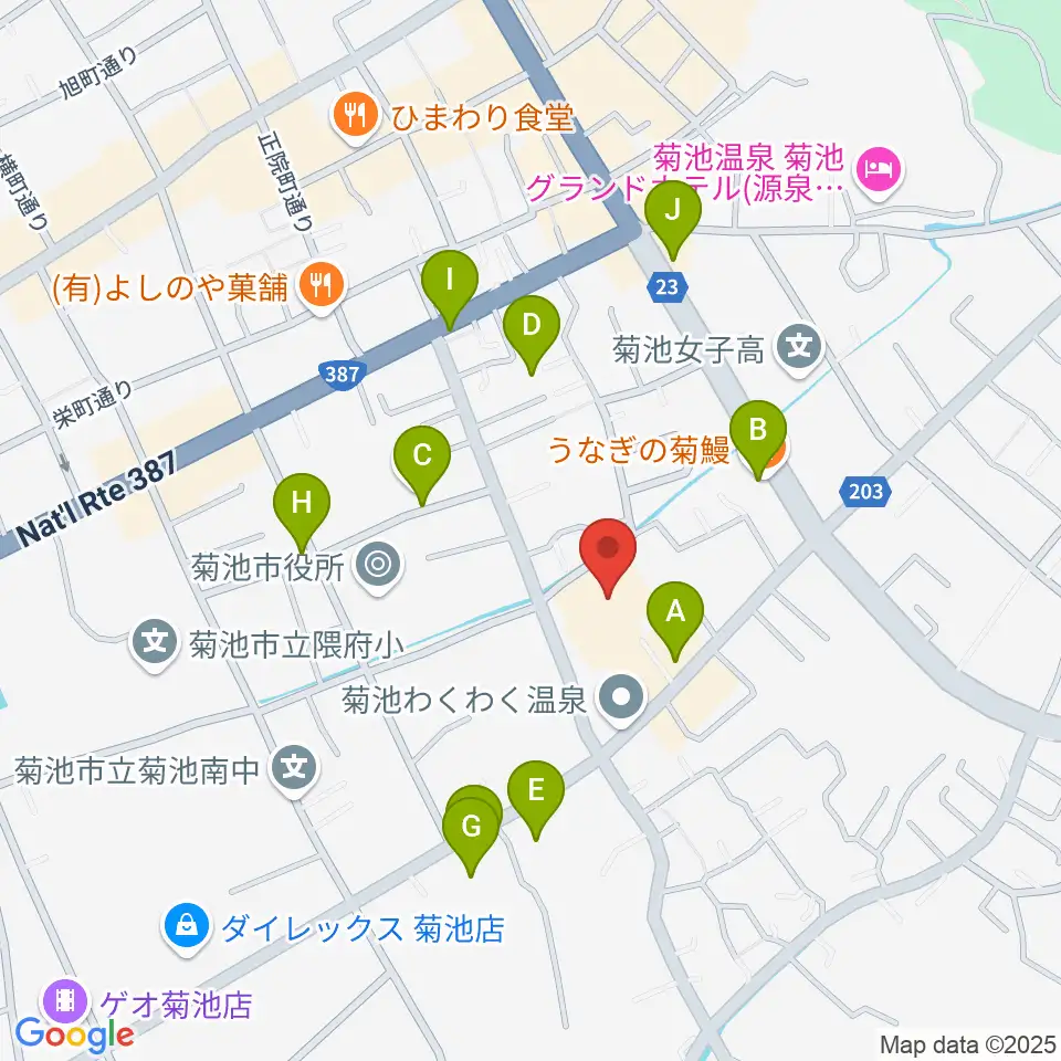 菊池市文化会館周辺のファミレス・ファーストフード一覧地図
