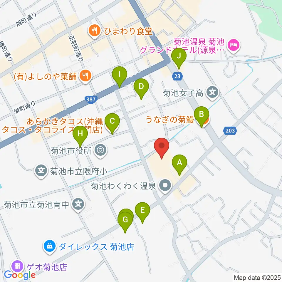 菊池市文化会館周辺のファミレス・ファーストフード一覧地図