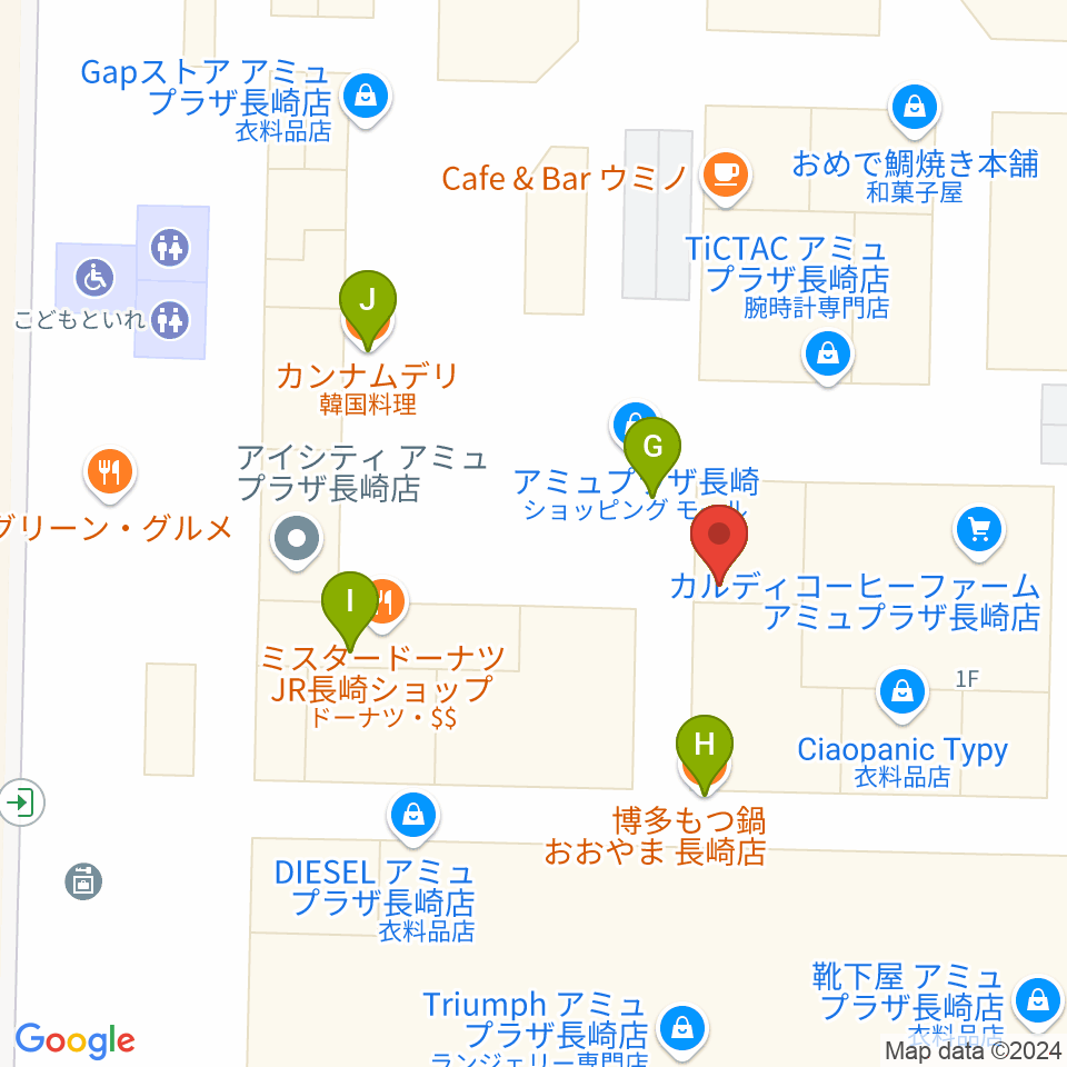 島村楽器 アミュプラザ長崎店周辺のファミレス・ファーストフード一覧地図