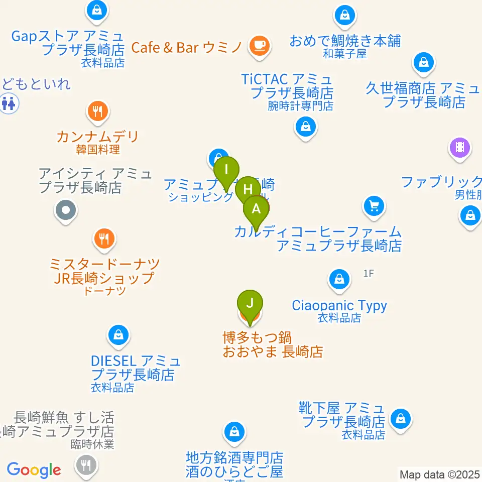 島村楽器 アミュプラザ長崎店周辺のファミレス・ファーストフード一覧地図