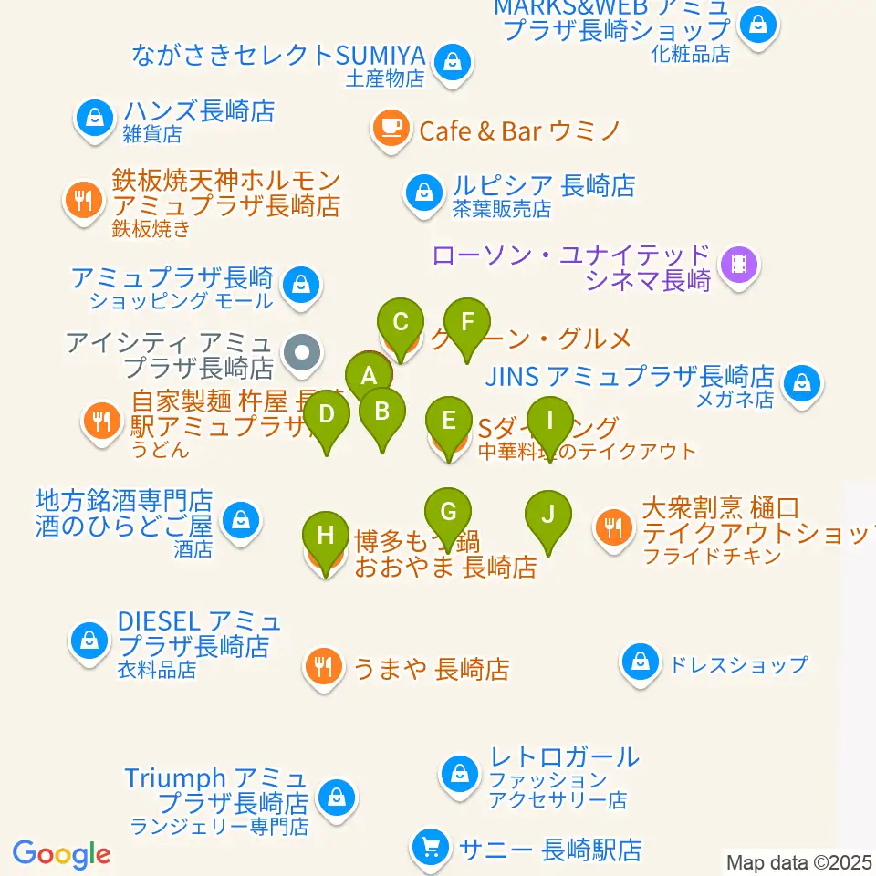 島村楽器 アミュプラザ長崎店周辺のファミレス・ファーストフード一覧地図
