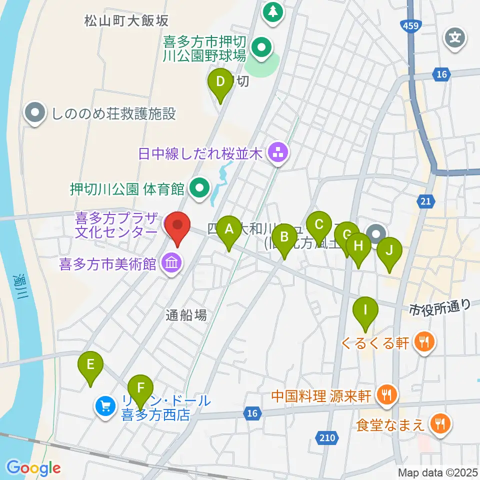 喜多方プラザ文化センター周辺のファミレス・ファーストフード一覧地図
