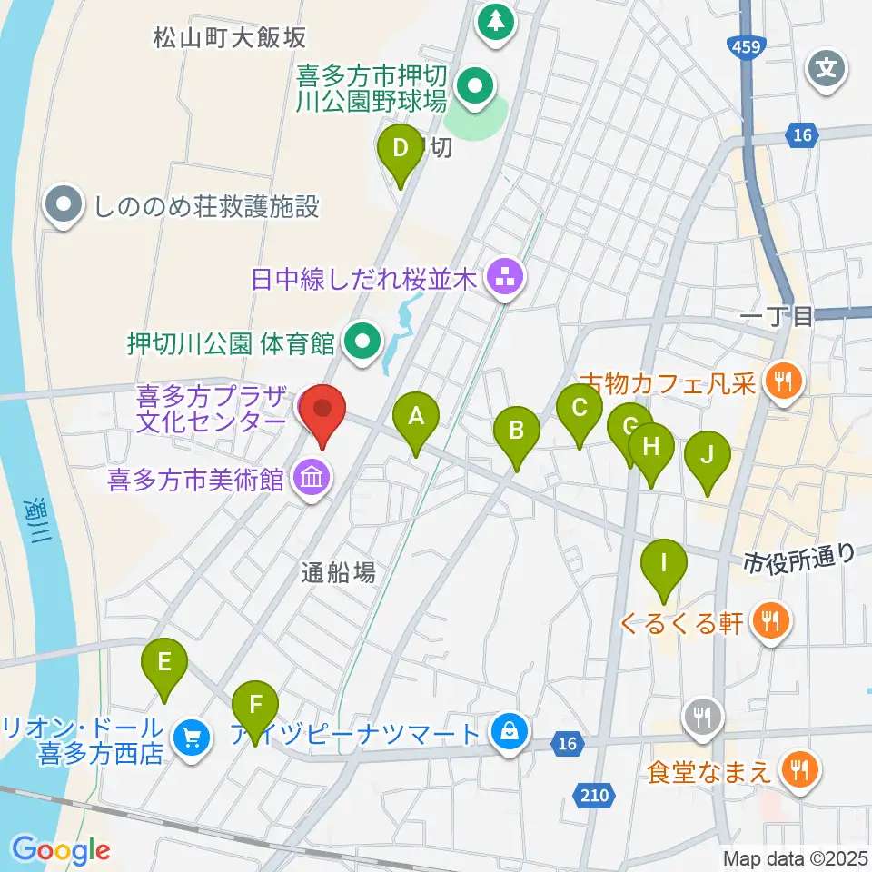 喜多方プラザ文化センター周辺のファミレス・ファーストフード一覧地図