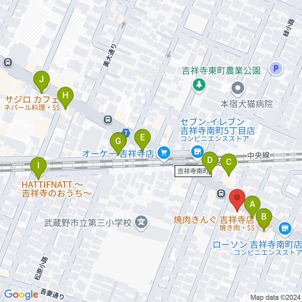 吉祥寺櫂スタジオ周辺のファミレス・ファーストフード一覧地図