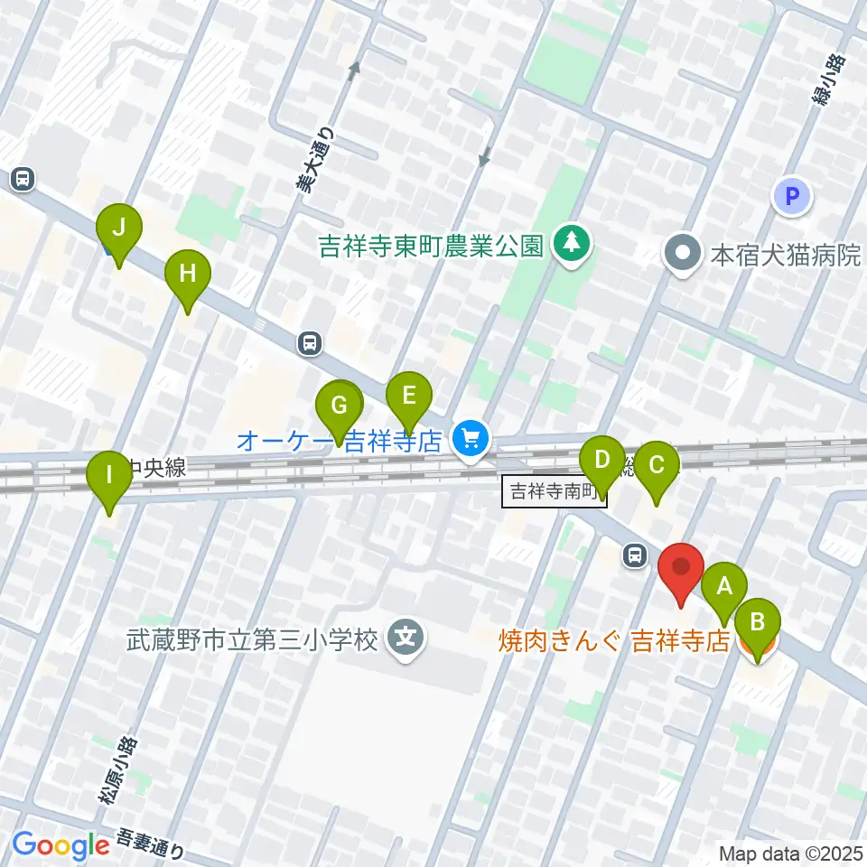 吉祥寺櫂スタジオ周辺のファミレス・ファーストフード一覧地図