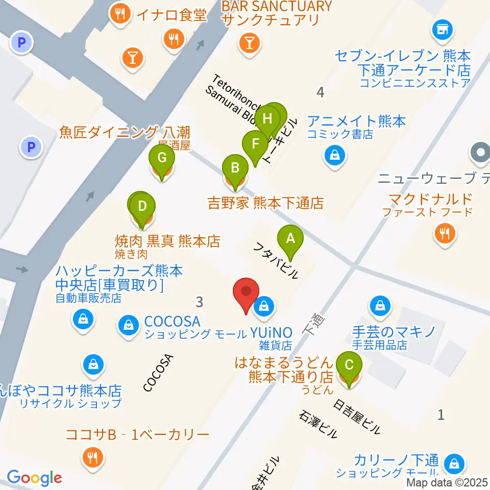 島村楽器 COCOSA熊本店周辺のファミレス・ファーストフード一覧地図