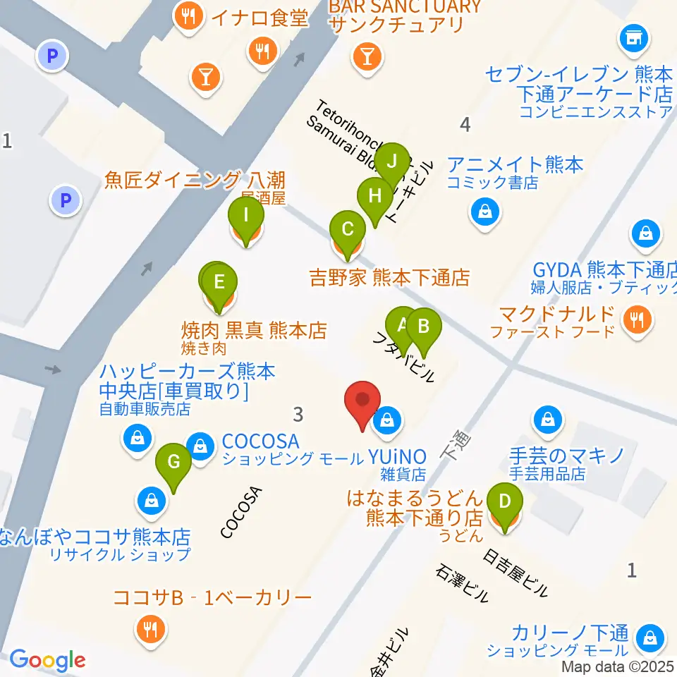 島村楽器 COCOSA熊本店周辺のファミレス・ファーストフード一覧地図