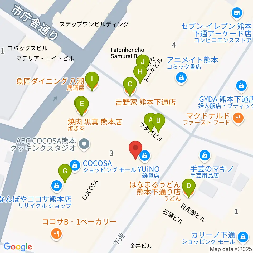 島村楽器 COCOSA熊本店周辺のファミレス・ファーストフード一覧地図