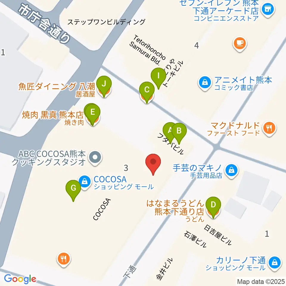 島村楽器 COCOSA熊本店周辺のファミレス・ファーストフード一覧地図