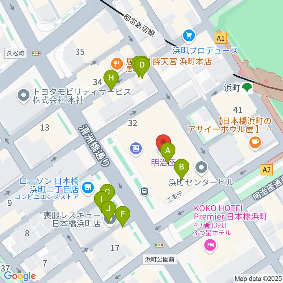 明治座周辺のファミレス・ファーストフード一覧地図