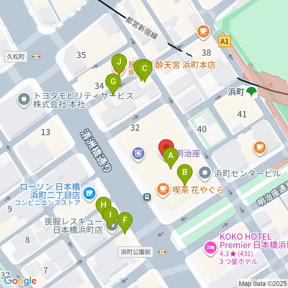 明治座周辺のファミレス・ファーストフード一覧地図