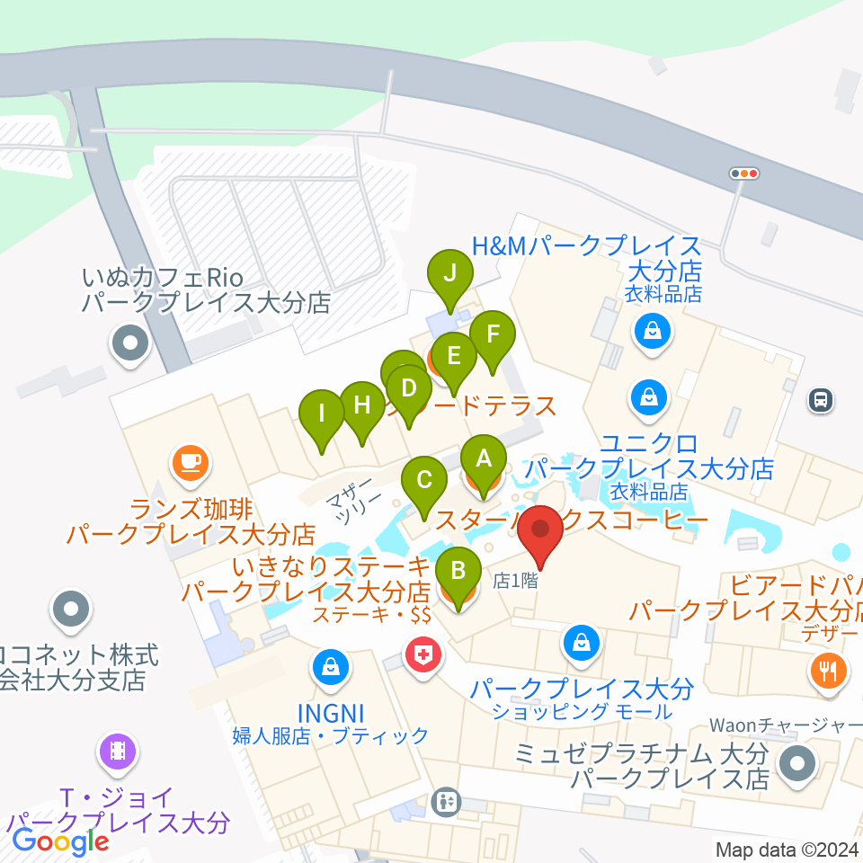 島村楽器 パークプレイス大分店周辺のファミレス・ファーストフード一覧地図