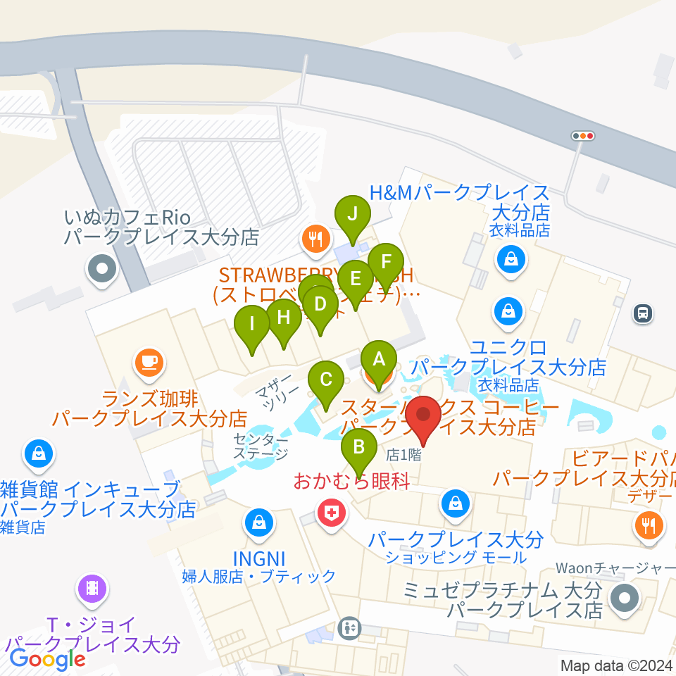 島村楽器 パークプレイス大分店周辺のファミレス・ファーストフード一覧地図