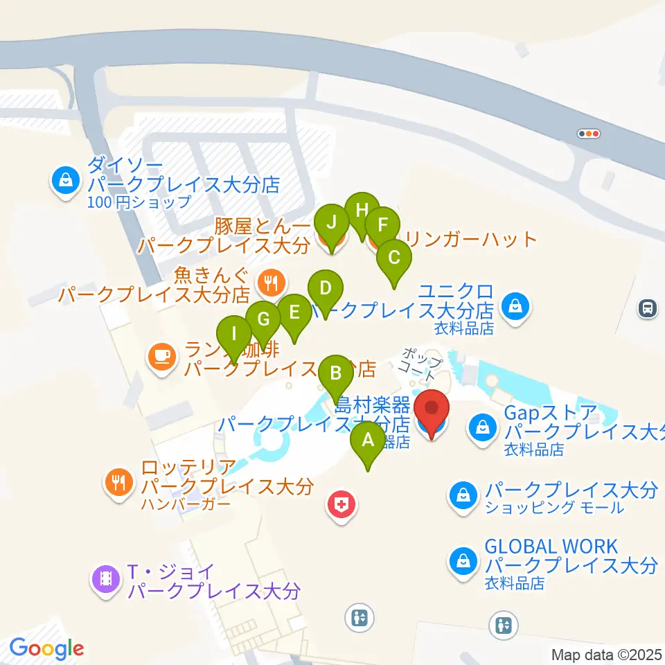 島村楽器 パークプレイス大分店周辺のファミレス・ファーストフード一覧地図