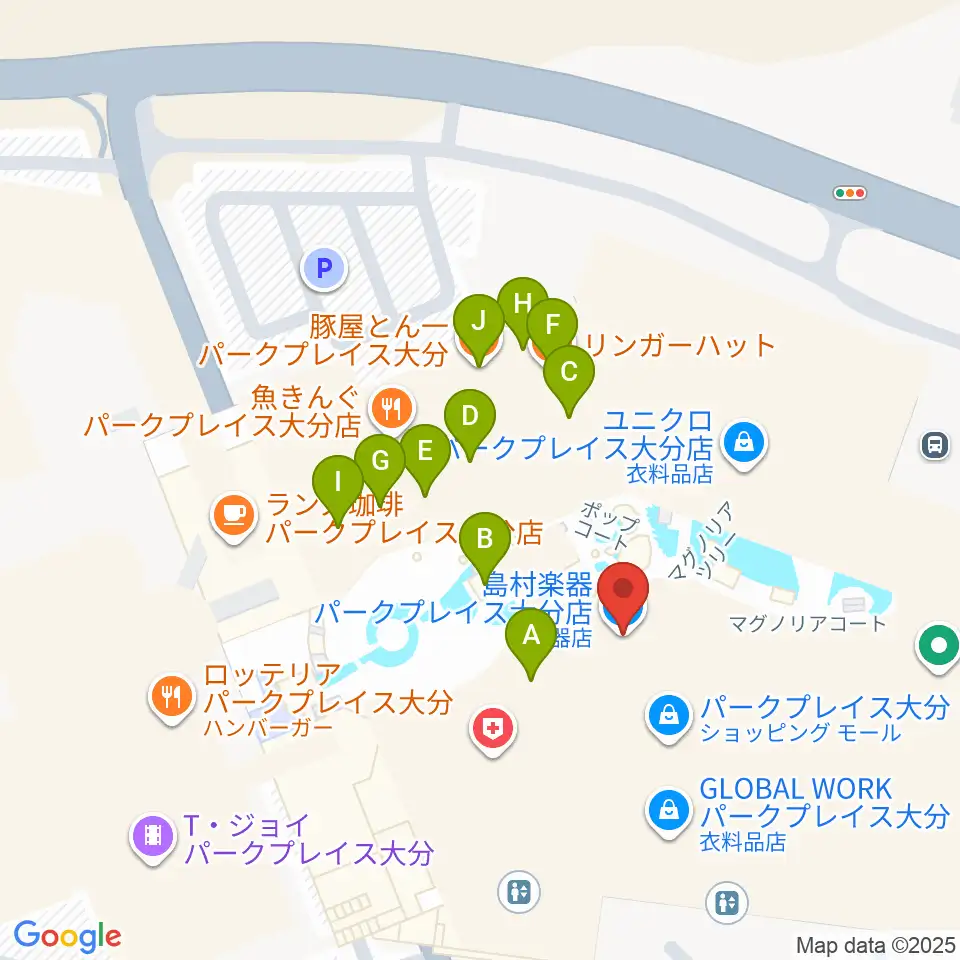 島村楽器 パークプレイス大分店周辺のファミレス・ファーストフード一覧地図