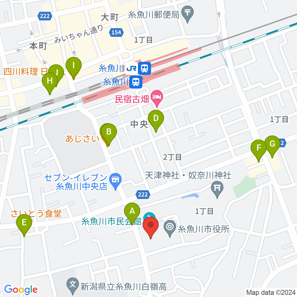 糸魚川市民会館周辺のファミレス・ファーストフード一覧地図