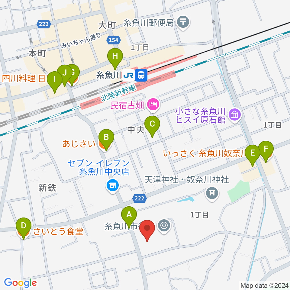 糸魚川市民会館周辺のファミレス・ファーストフード一覧地図