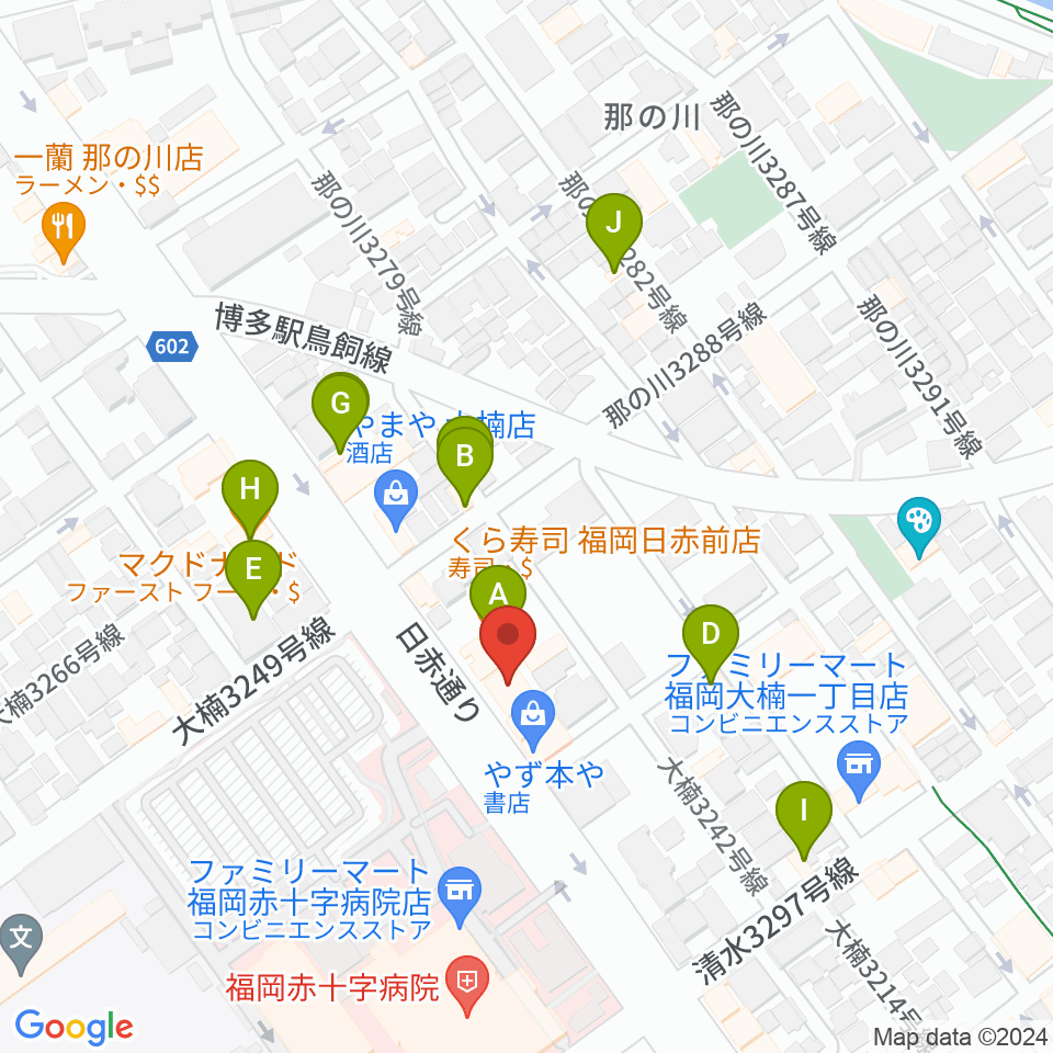 ピアノ百貨福岡店周辺のファミレス・ファーストフード一覧地図