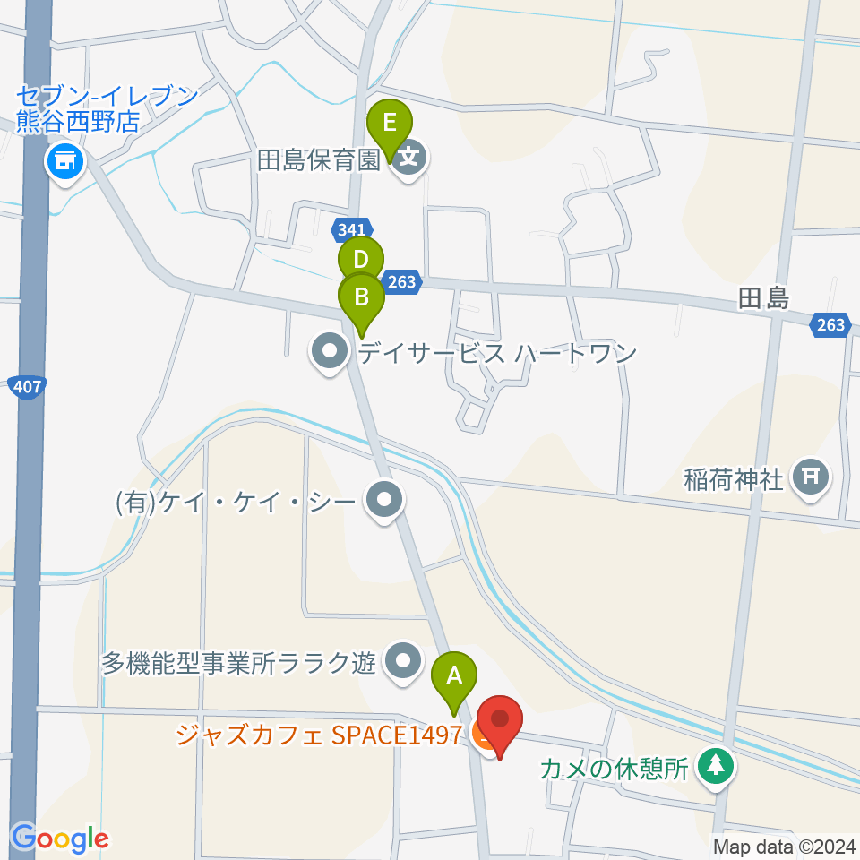 熊谷スペース1497周辺のファミレス・ファーストフード一覧地図