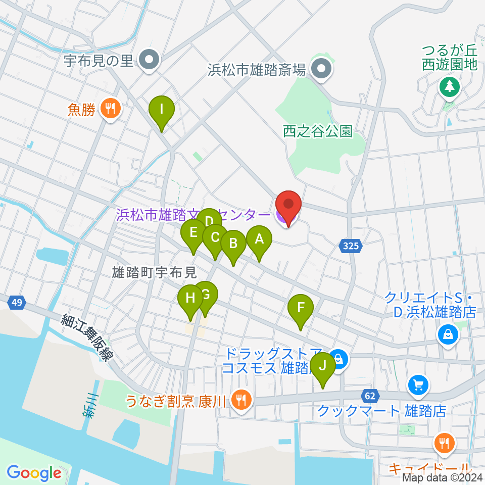 浜松市雄踏文化センター周辺のファミレス・ファーストフード一覧地図