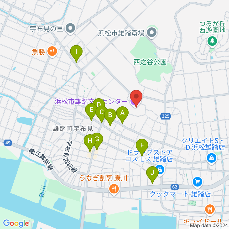 浜松市雄踏文化センター周辺のファミレス・ファーストフード一覧地図