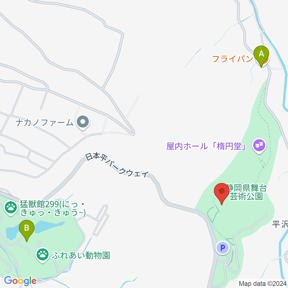 静岡県舞台芸術公園周辺のファミレス・ファーストフード一覧地図