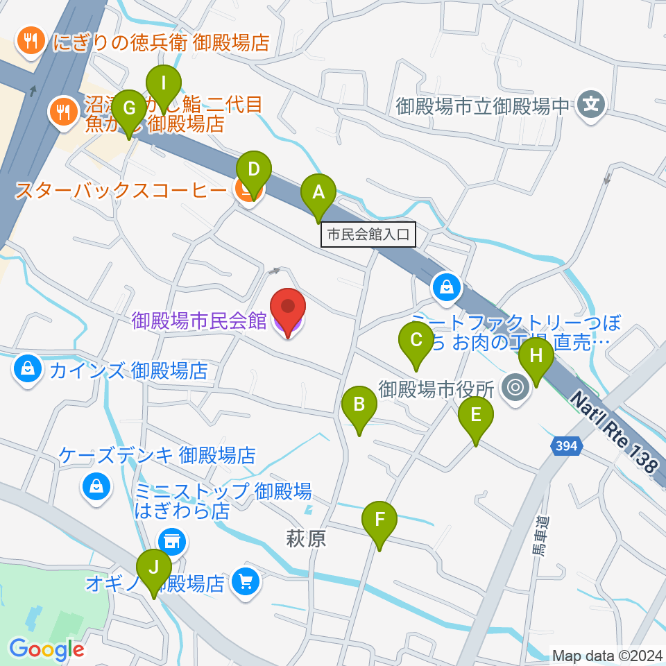 御殿場市民会館周辺のファミレス・ファーストフード一覧地図